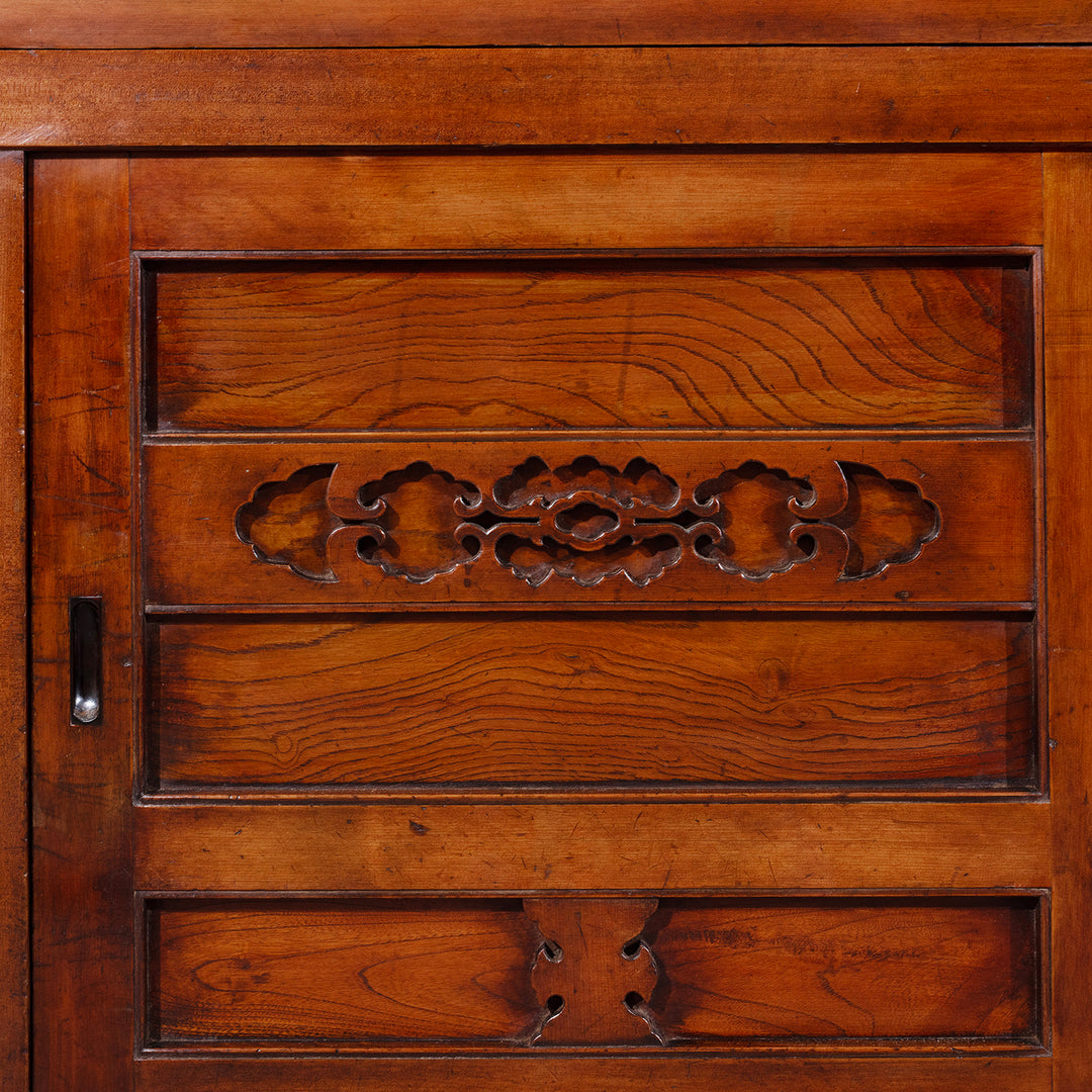 Wood Carving Detail From Japanese Meiji Period Mizuya Dansu Kitchen Chest With Sliding Doors And Multiple Drawers In Mixed Native Woods