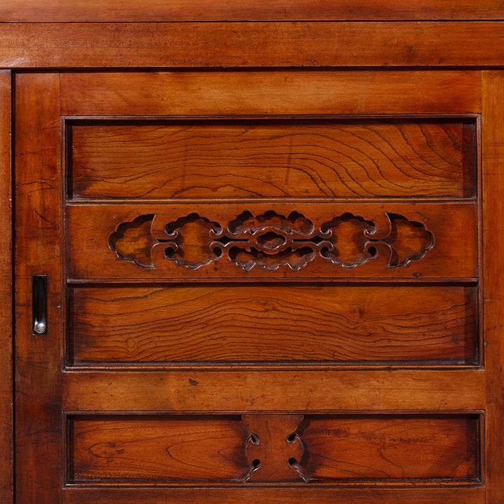 Wood Carving Detail From Japanese Meiji Period Mizuya Dansu Kitchen Chest With Sliding Doors And Multiple Drawers In Mixed Native Woods