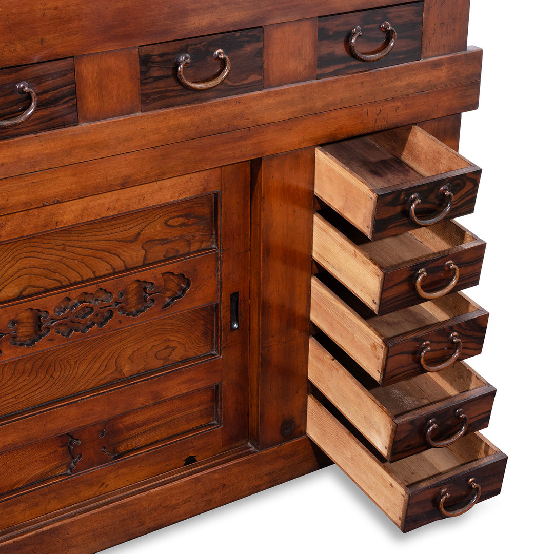 Drawers Detail From Japanese Meiji Period Mizuya Dansu Kitchen Chest With Sliding Doors And Multiple Drawers In Mixed Native Woods