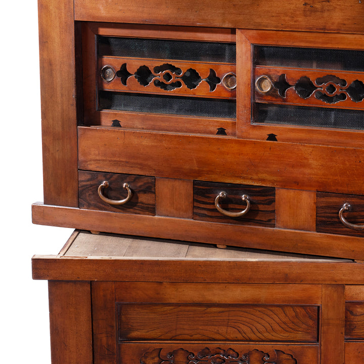 Separation Detail From Japanese Meiji Period Mizuya Dansu Kitchen Chest With Sliding Doors And Multiple Drawers In Mixed Native Woods