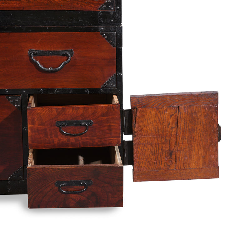 Small Drawers Detail From Meiji Period Sendai Isho Dansu With Chrysanthemum Motif Ironwork And Two Section Stacking Design