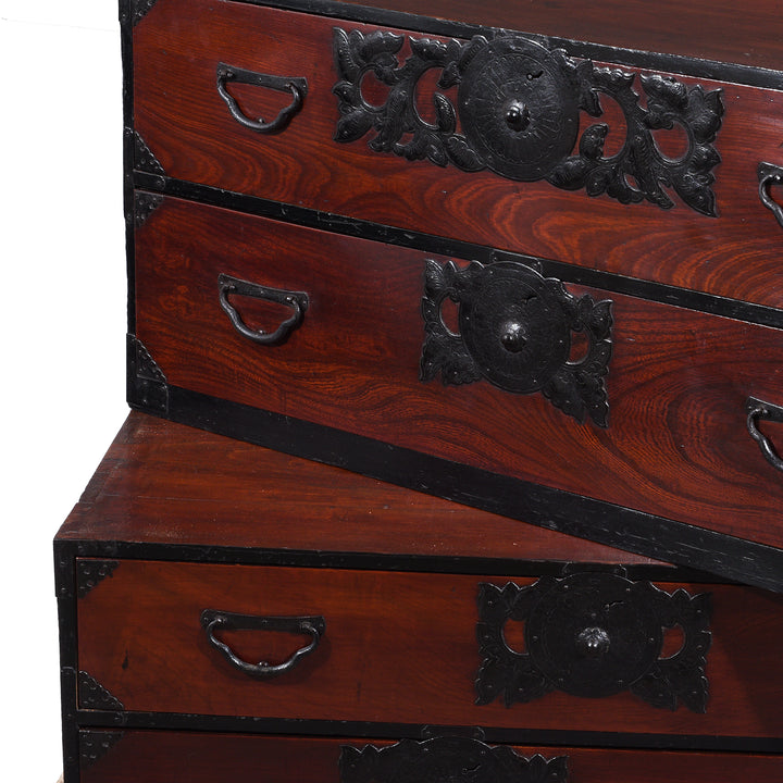 Detachable Detail From Meiji Period Sendai Isho Dansu With Chrysanthemum Motif Ironwork And Two Section Stacking Design