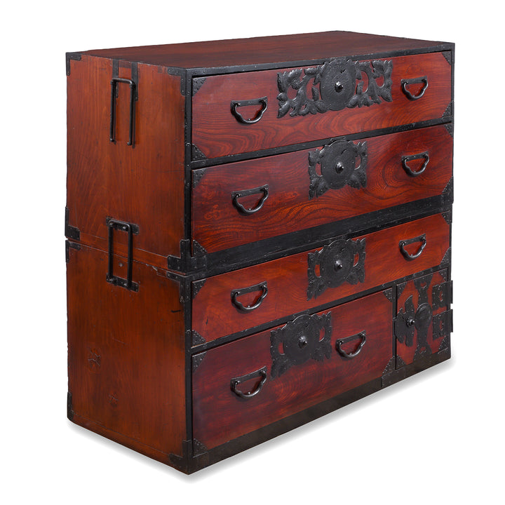 Angled View Of Meiji Period Sendai Isho Dansu With Chrysanthemum Motif Ironwork And Two Section Stacking Design