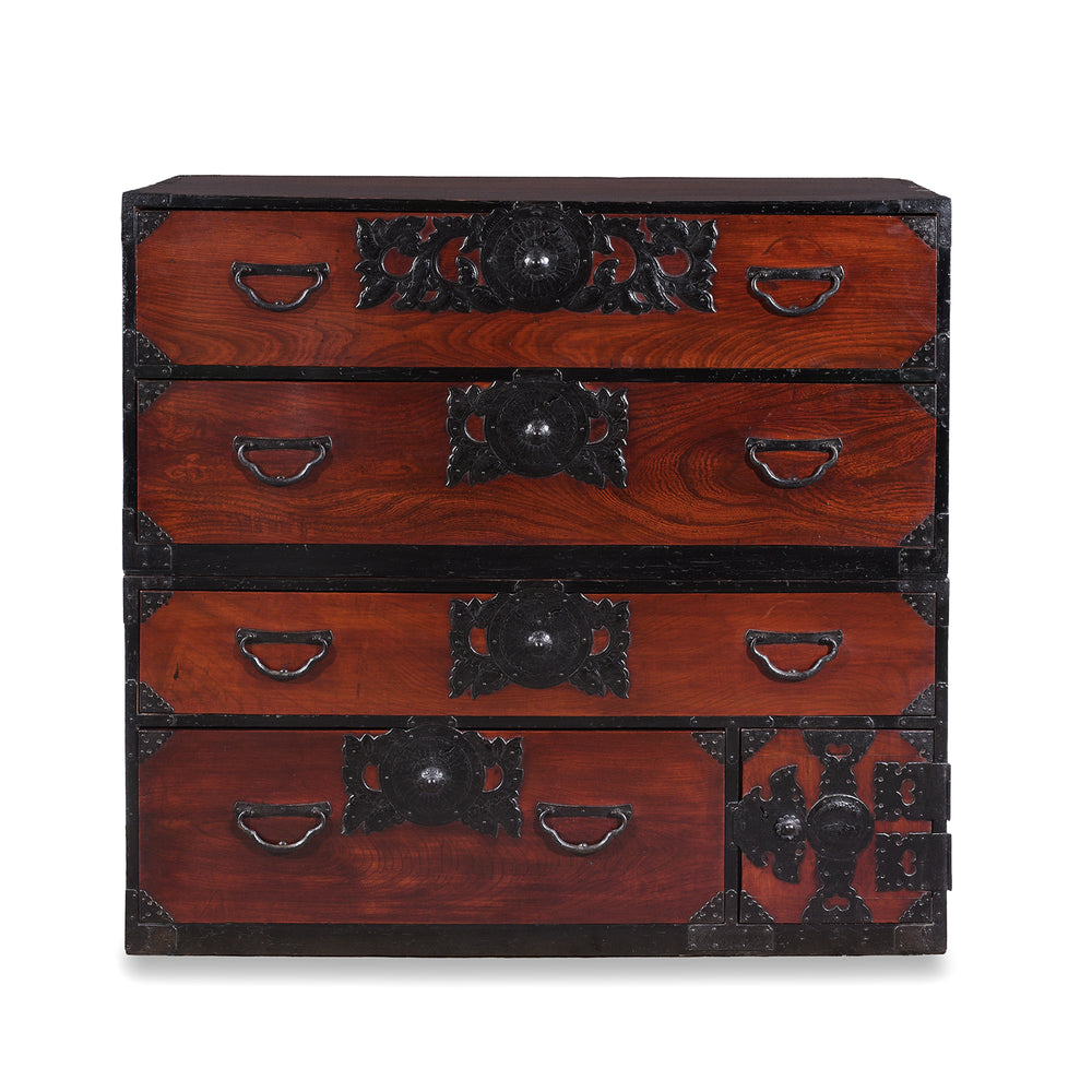 Meiji Period Sendai Isho Dansu With Chrysanthemum Motif Ironwork And Two Section Stacking Design