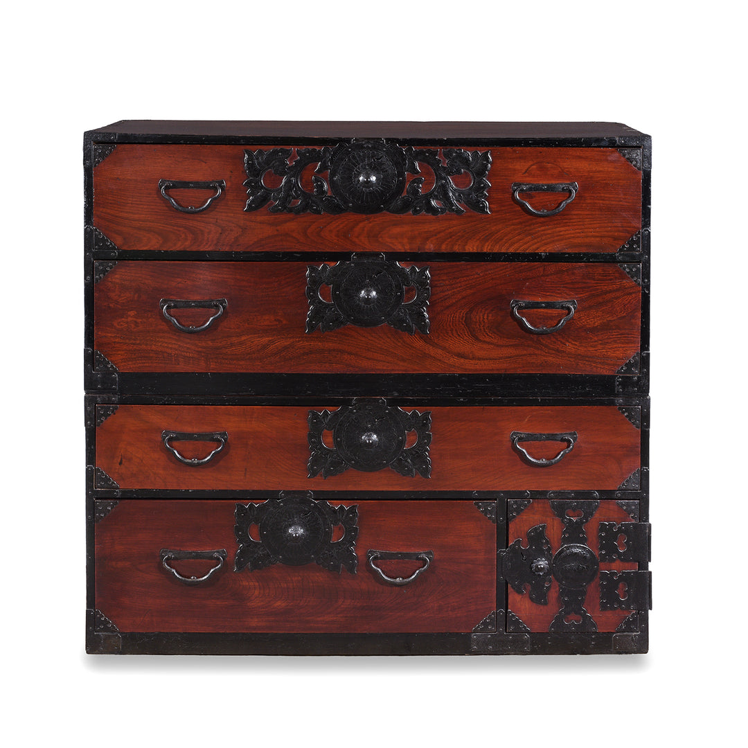 Meiji Period Sendai Isho Dansu With Chrysanthemum Motif Ironwork And Two Section Stacking Design
