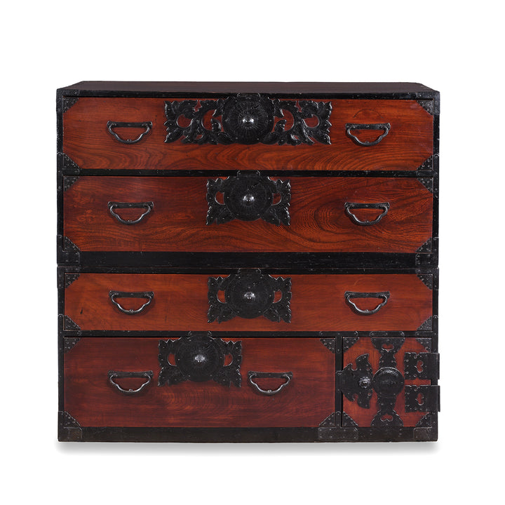 Meiji Period Sendai Isho Dansu With Chrysanthemum Motif Ironwork And Two Section Stacking Design