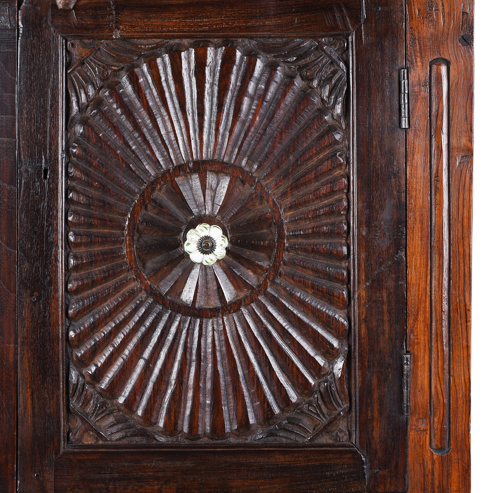 Sunburst Panel Detail From Indian Teak Almirah Cabinet With Hand-Carved Sunburst Panels, Two Drawers And White Ceramic Handles