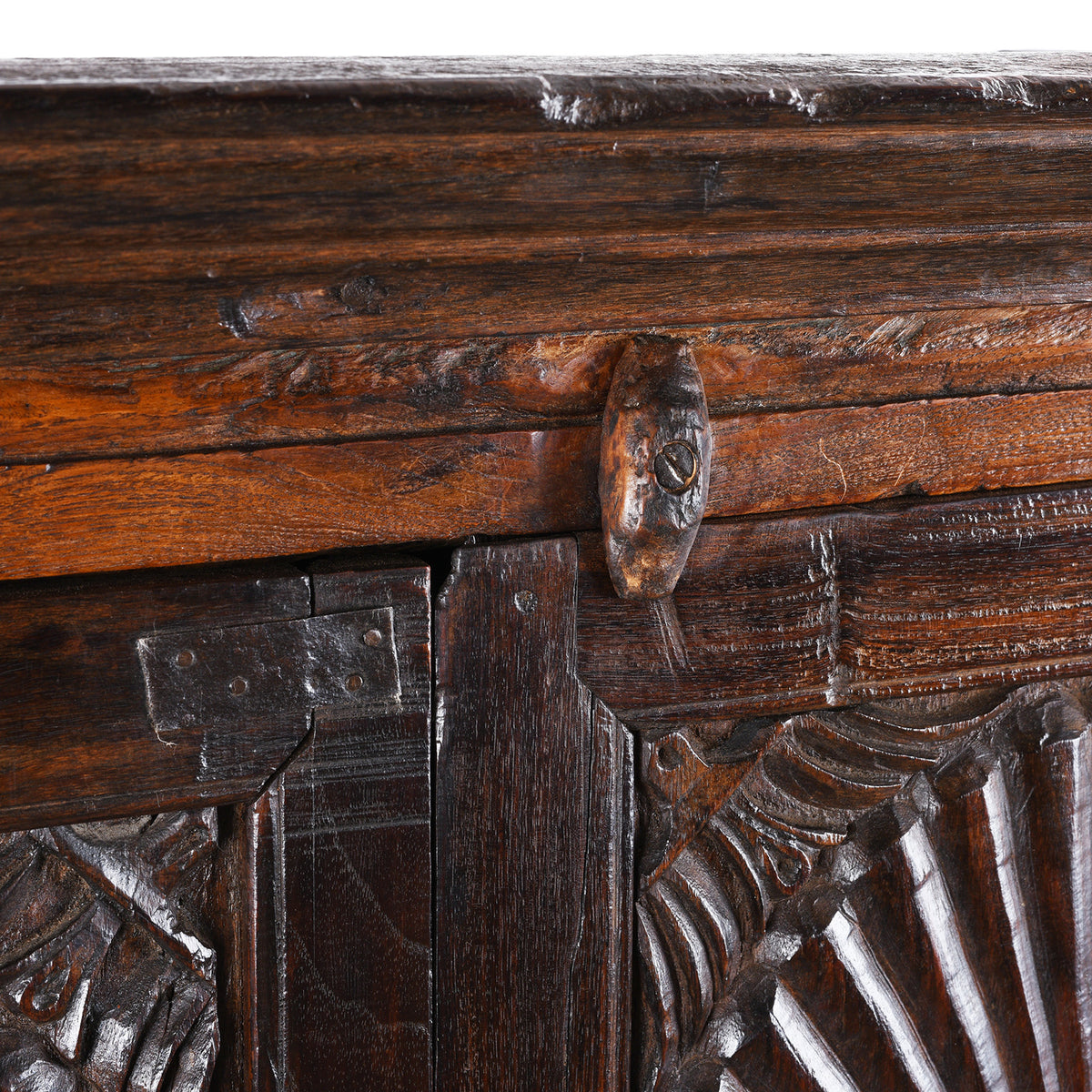 Wooden Latch Detail From Indian Teak Almirah Cabinet With Hand-Carved Sunburst Panels, Two Drawers And White Ceramic Handles