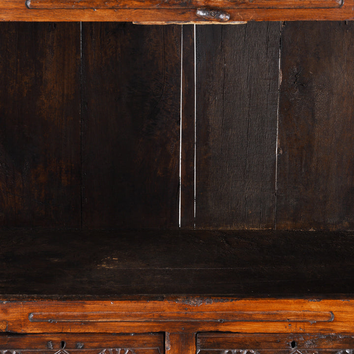 Shelf Detail From Indian Teak Almirah Cabinet With Hand-Carved Sunburst Panels, Two Drawers And White Ceramic Handles