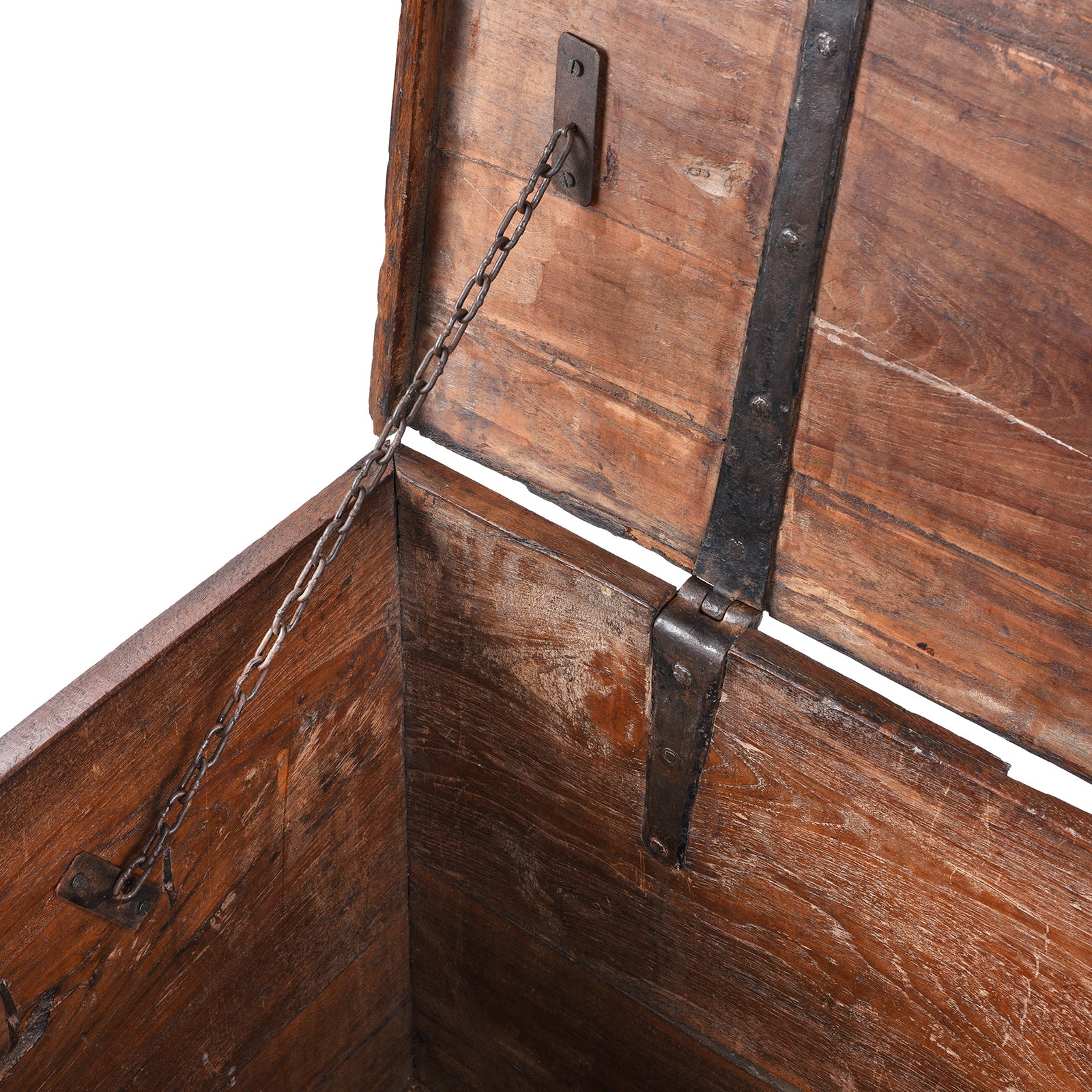 Chain Detail From Antique mid-19th century teak chest from Gujarat with hidden wheels, carved floral feet, and original iron fittings.