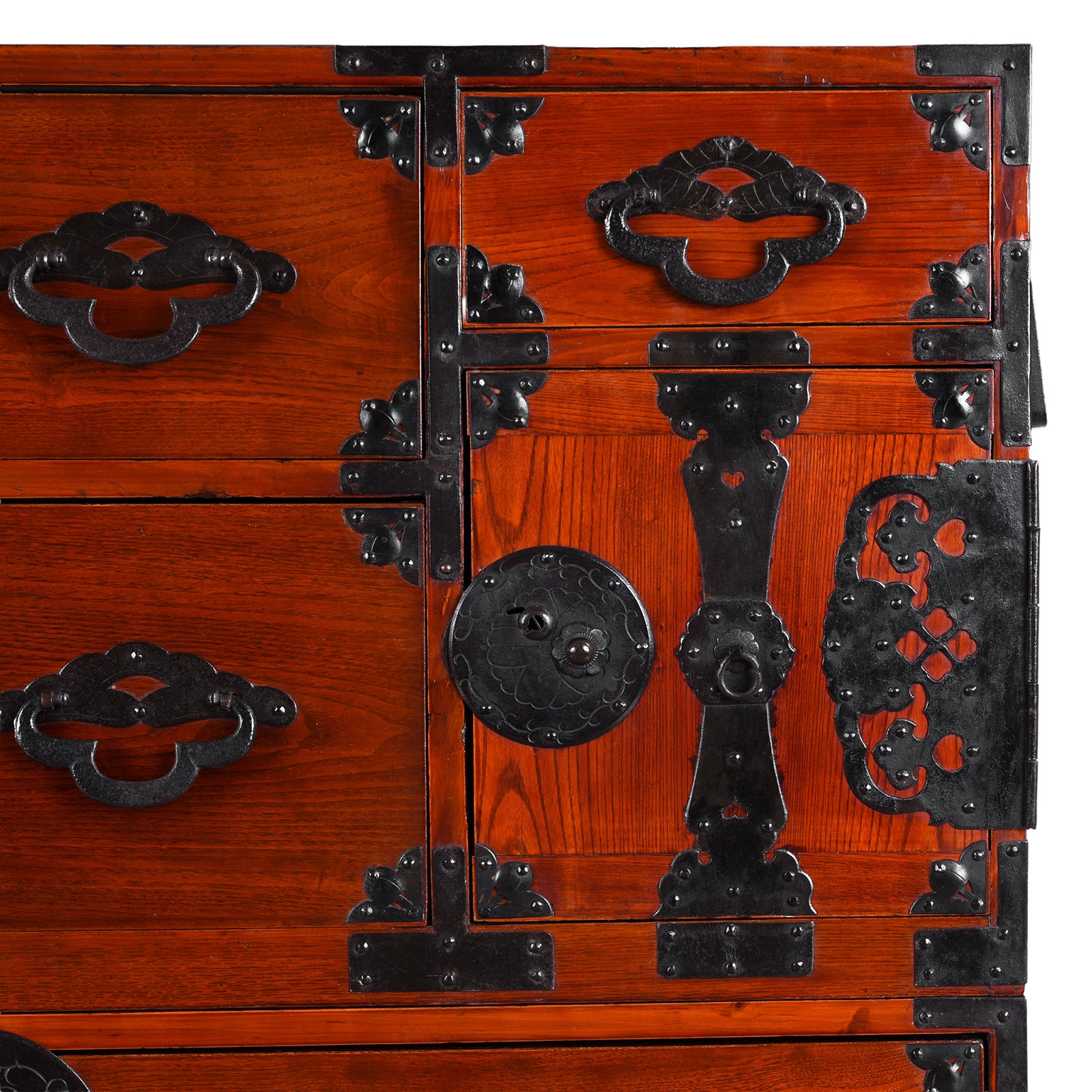 Up Close Detailed View Of Lock Box From Antique Japanese Tansu Chest With Lacquered Wood Finish And Ornate Iron Hardware