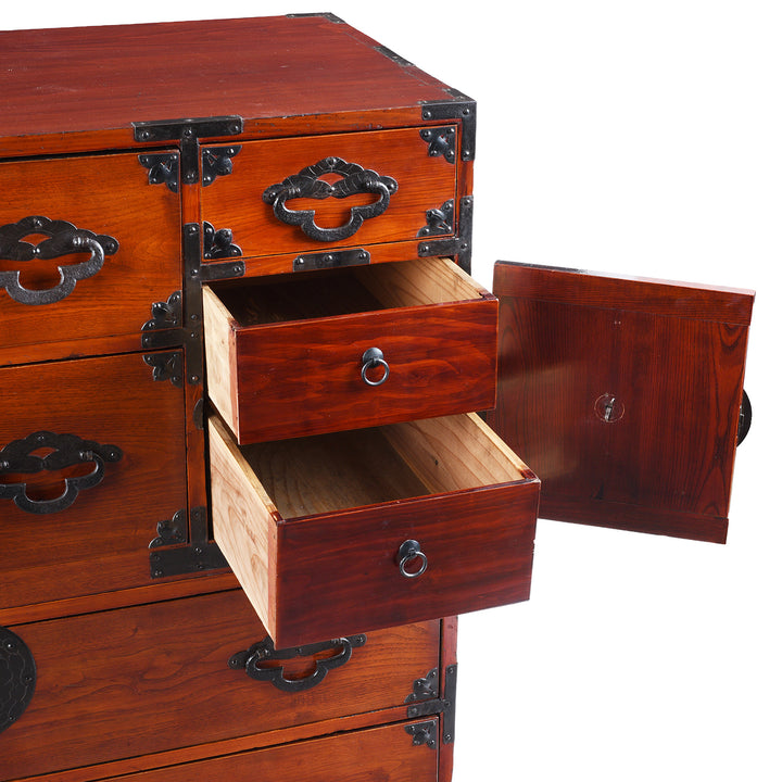 Interior View Of Lock Box From Antique Japanese Tansu Chest With Lacquered Wood Finish And Ornate Iron Hardware