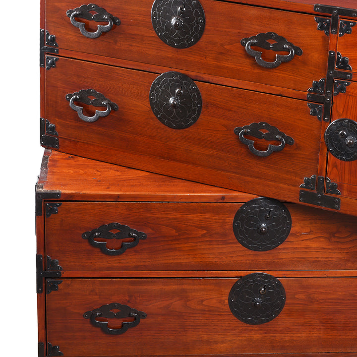 Stacking Detail From Antique Japanese Tansu Chest With Lacquered Wood Finish And Ornate Iron Hardware