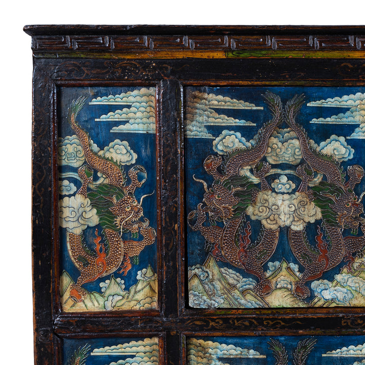 Corner Detail From Tibetan Painted Altar Cabinet With Dragons And Clouds On Each Panel