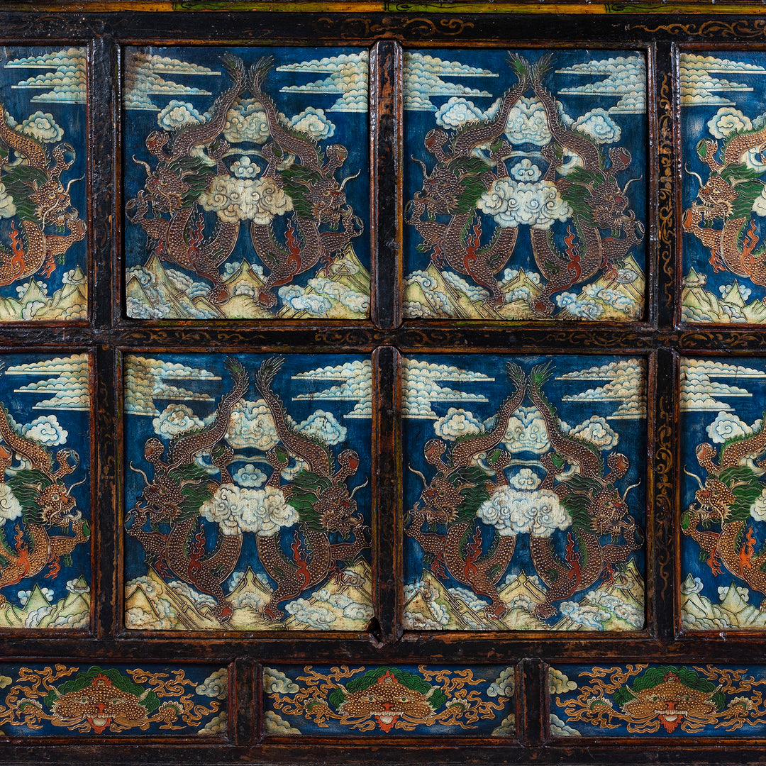 Painted Panels Detail From Tibetan Painted Altar Cabinet With Dragons And Clouds On Each Panel