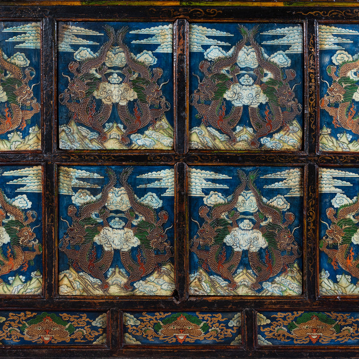 Painted Panels Detail From Tibetan Painted Altar Cabinet With Dragons And Clouds On Each Panel