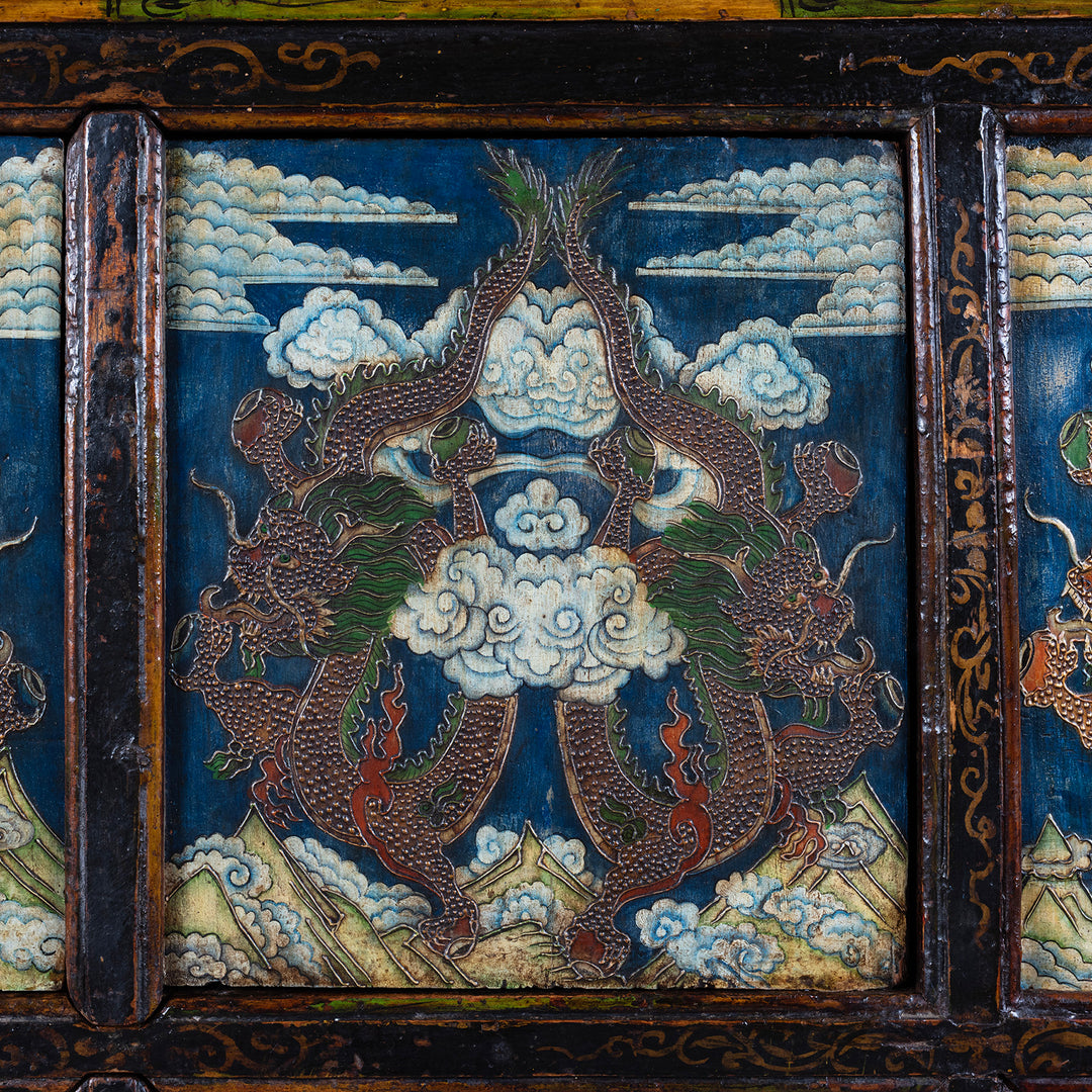 Panel Detail From Tibetan Painted Altar Cabinet With Dragons And Clouds On Each Panel