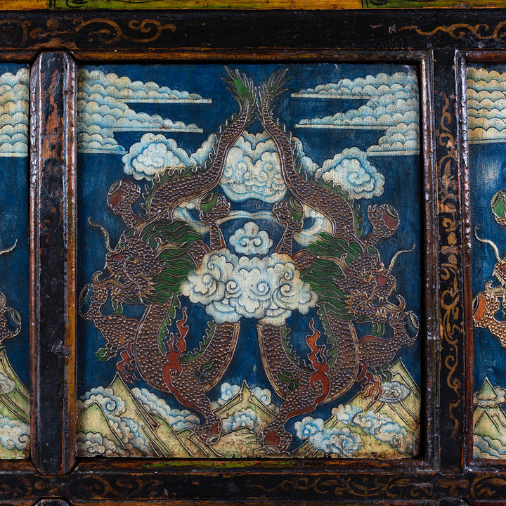 Panel Detail From Tibetan Painted Altar Cabinet With Dragons And Clouds On Each Panel