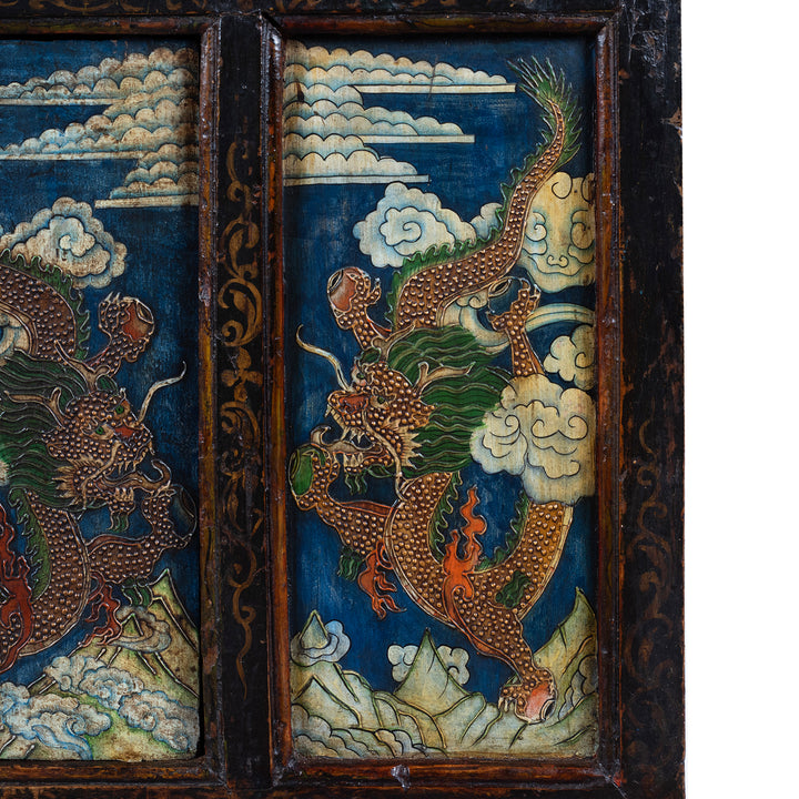 Dragon Detail From Tibetan Painted Altar Cabinet With Dragons And Clouds On Each Panel