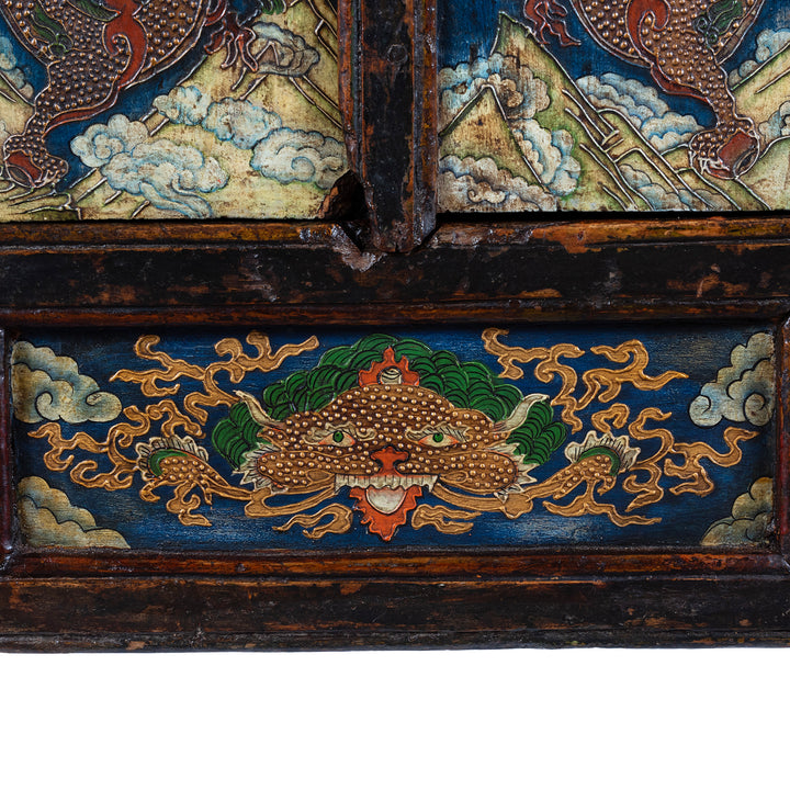 Dragon Detail From Lower Panel Of Tibetan Painted Altar Cabinet With Dragons And Clouds On Each Panel