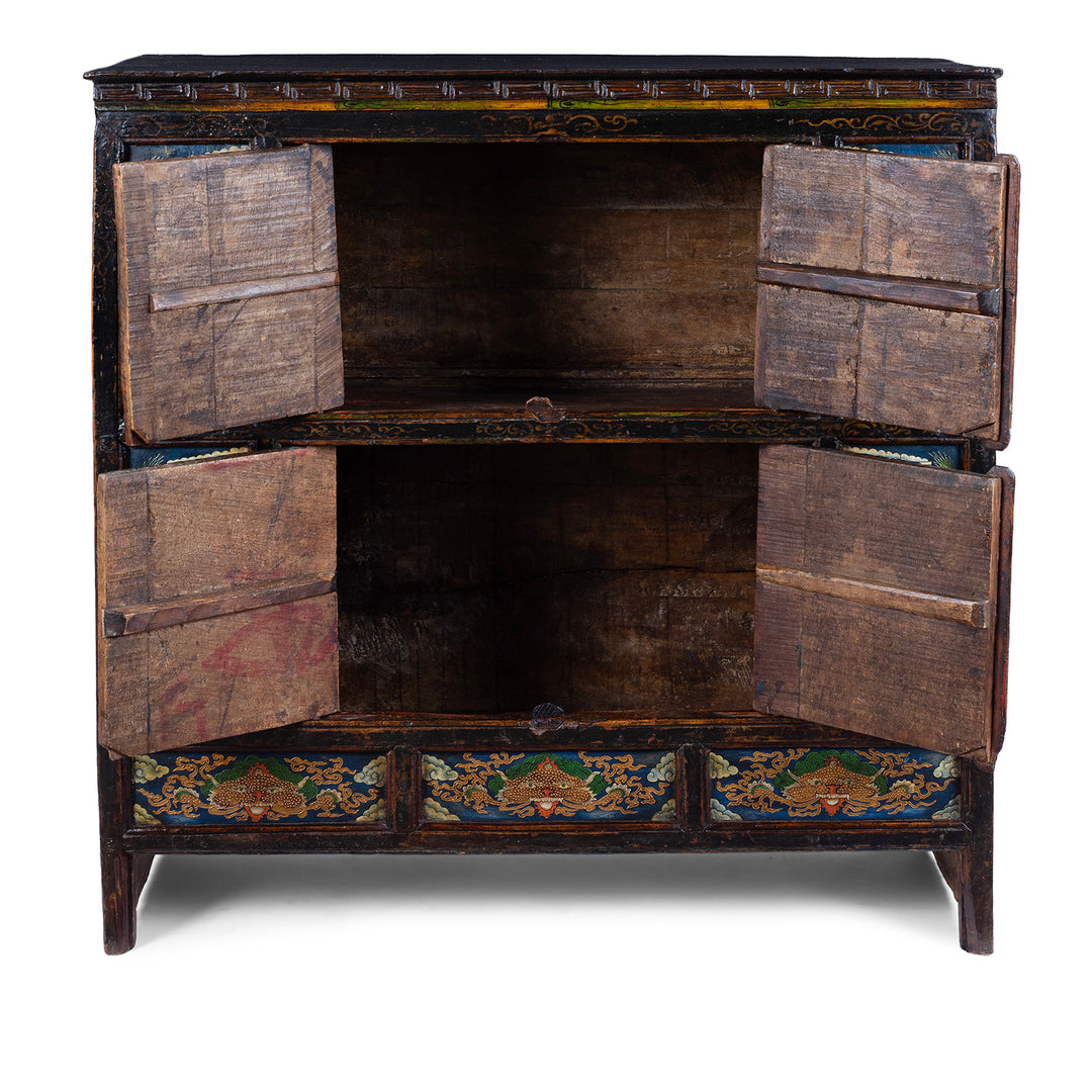 Open Doors View Of Tibetan Painted Altar Cabinet With Dragons And Clouds On Each Panel