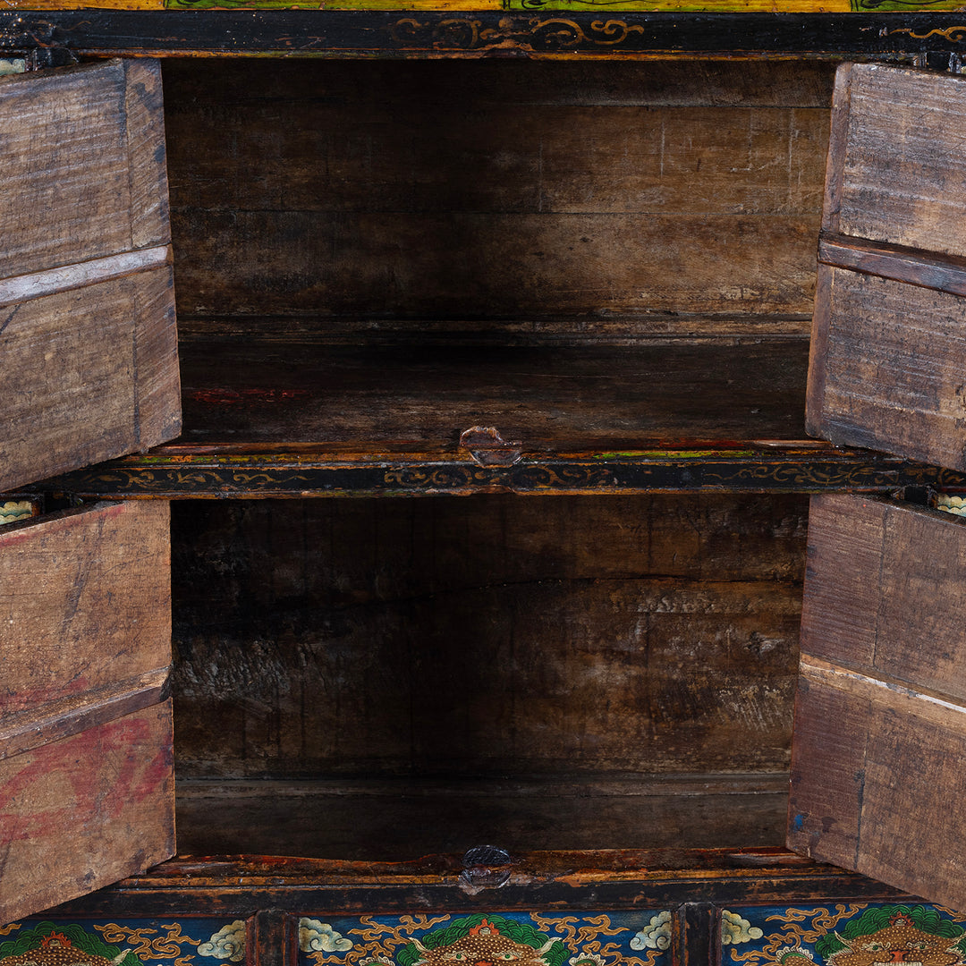 Interior Detail From Tibetan Painted Altar Cabinet With Dragons And Clouds On Each Panel