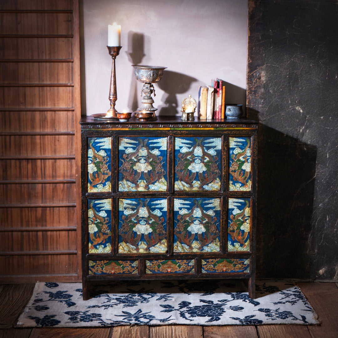 Tibetan Painted Altar Cabinet With Dragons And Clouds On Each Panel