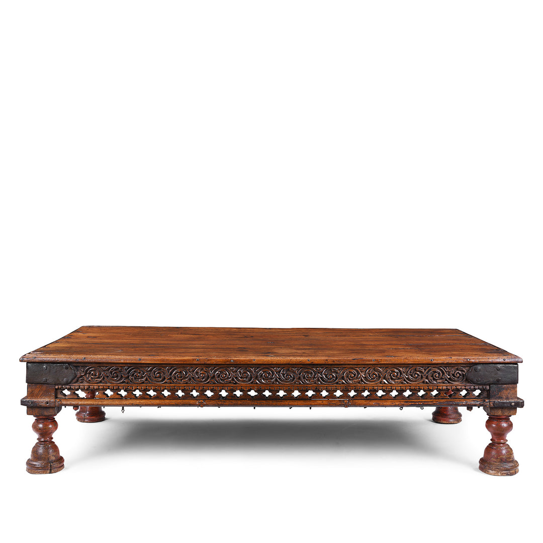 Antique Nineteenth Century Gujarati Roheda Wood Takhat Coffee Table With Carved Apron And Turned Lacquered Legs