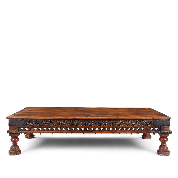 Antique Nineteenth Century Gujarati Roheda Wood Takhat Coffee Table With Carved Apron And Turned Lacquered Legs