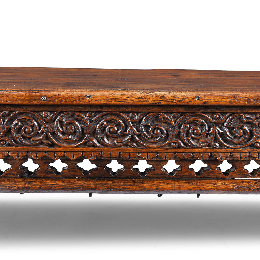 Carving Detail From Antique Nineteenth Century Gujarati Roheda Wood Takhat Coffee Table With Carved Apron And Turned Lacquered Legs