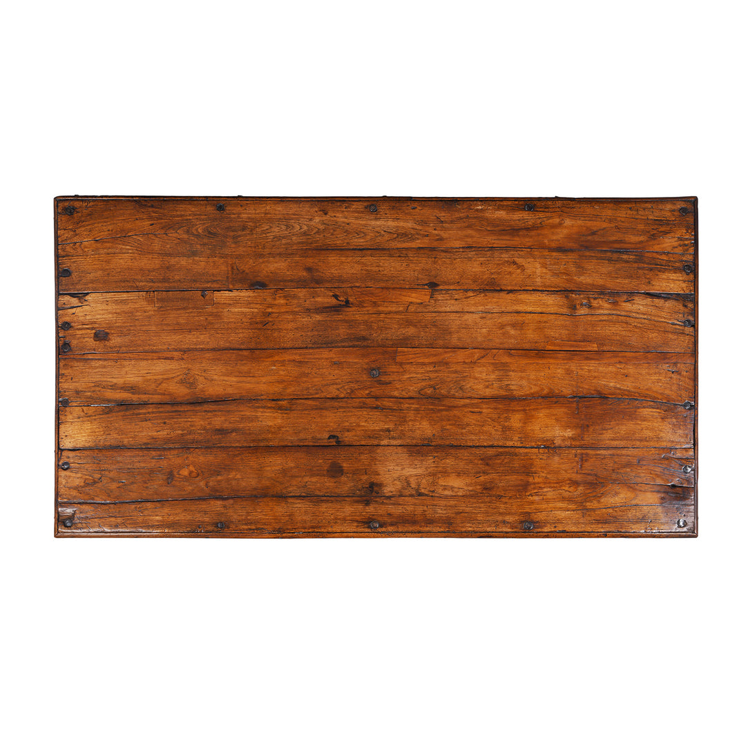 Top Down View Of Antique Nineteenth Century Gujarati Roheda Wood Takhat Coffee Table With Carved Apron And Turned Lacquered Legs