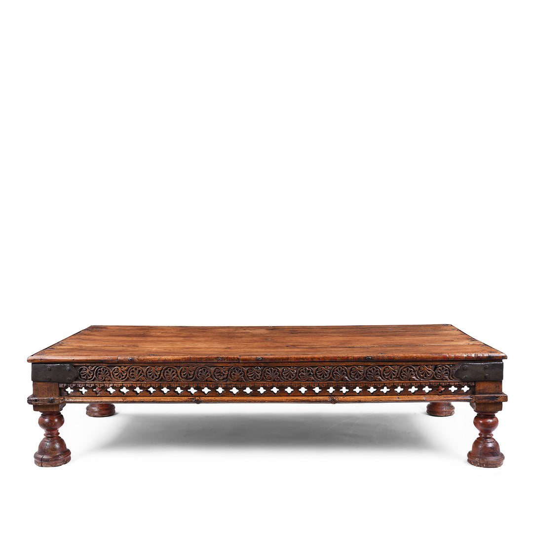 Antique Nineteenth Century Gujarati Roheda Wood Takhat Coffee Table With Carved Apron And Turned Lacquered Legs