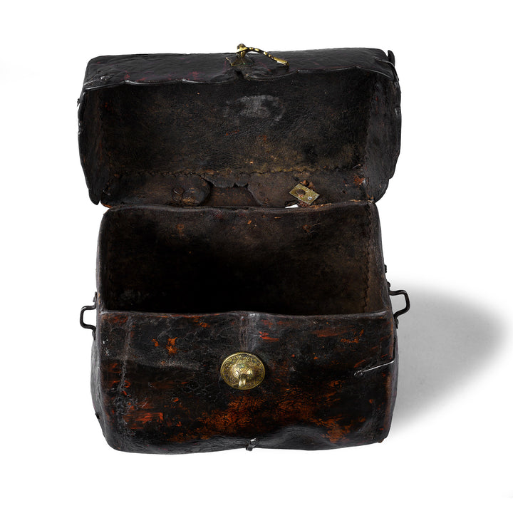 Interior Of Tibetan Leather Saddle Box With Brass Script Clasp And Patinated Surface