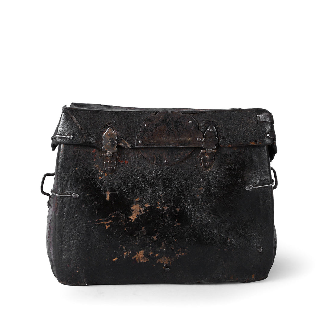 Back Of Tibetan Leather Saddle Box With Brass Script Clasp And Patinated Surface