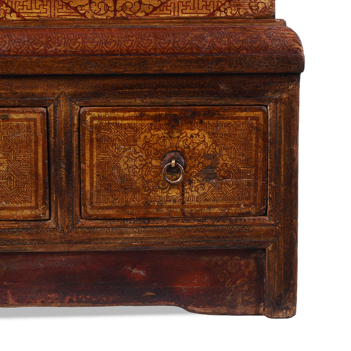 Drawer Detail From Antique Mongolian Painted Choksar With Sliding Top Storage And Three Drawers From The 19th Century