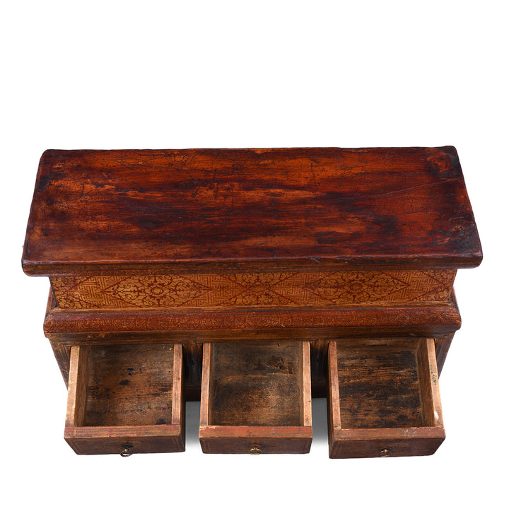 Drawer Interior Detail From Antique Mongolian Painted Choksar With Sliding Top Storage And Three Drawers From The 19th Century