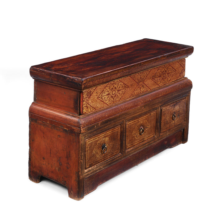 Angled View Of Antique Mongolian Painted Choksar With Sliding Top Storage And Three Drawers From The 19th Century
