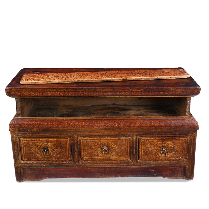 Upper Compartment Detail From Antique Mongolian Painted Choksar With Sliding Top Storage And Three Drawers From The 19th Century