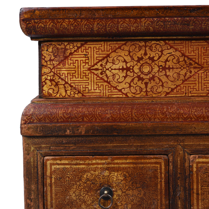 Corner Detail From Antique Mongolian Painted Choksar With Sliding Top Storage And Three Drawers From The 19th Century