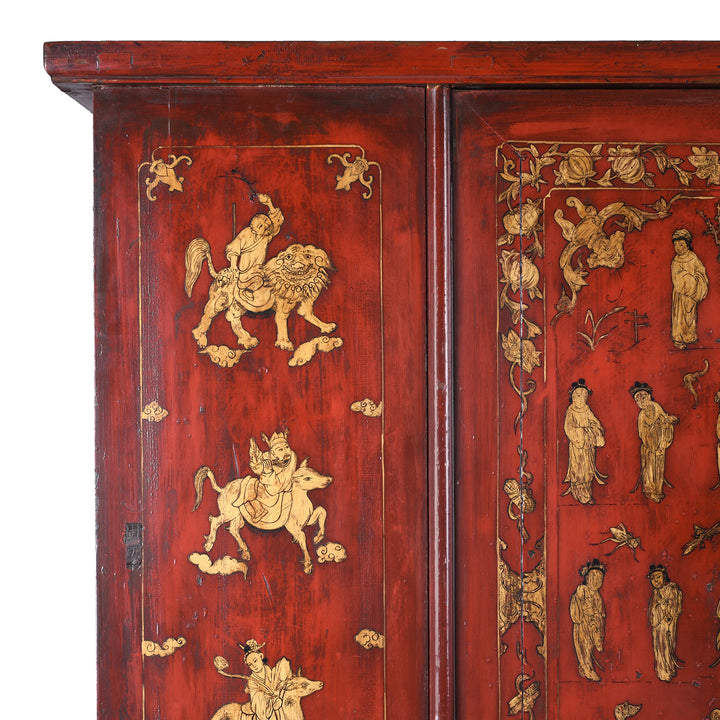 Gilding Corner Detail Showing Artwork On 19th Century Red Lacquer Chinese Wedding Cabinet From Fujian Province