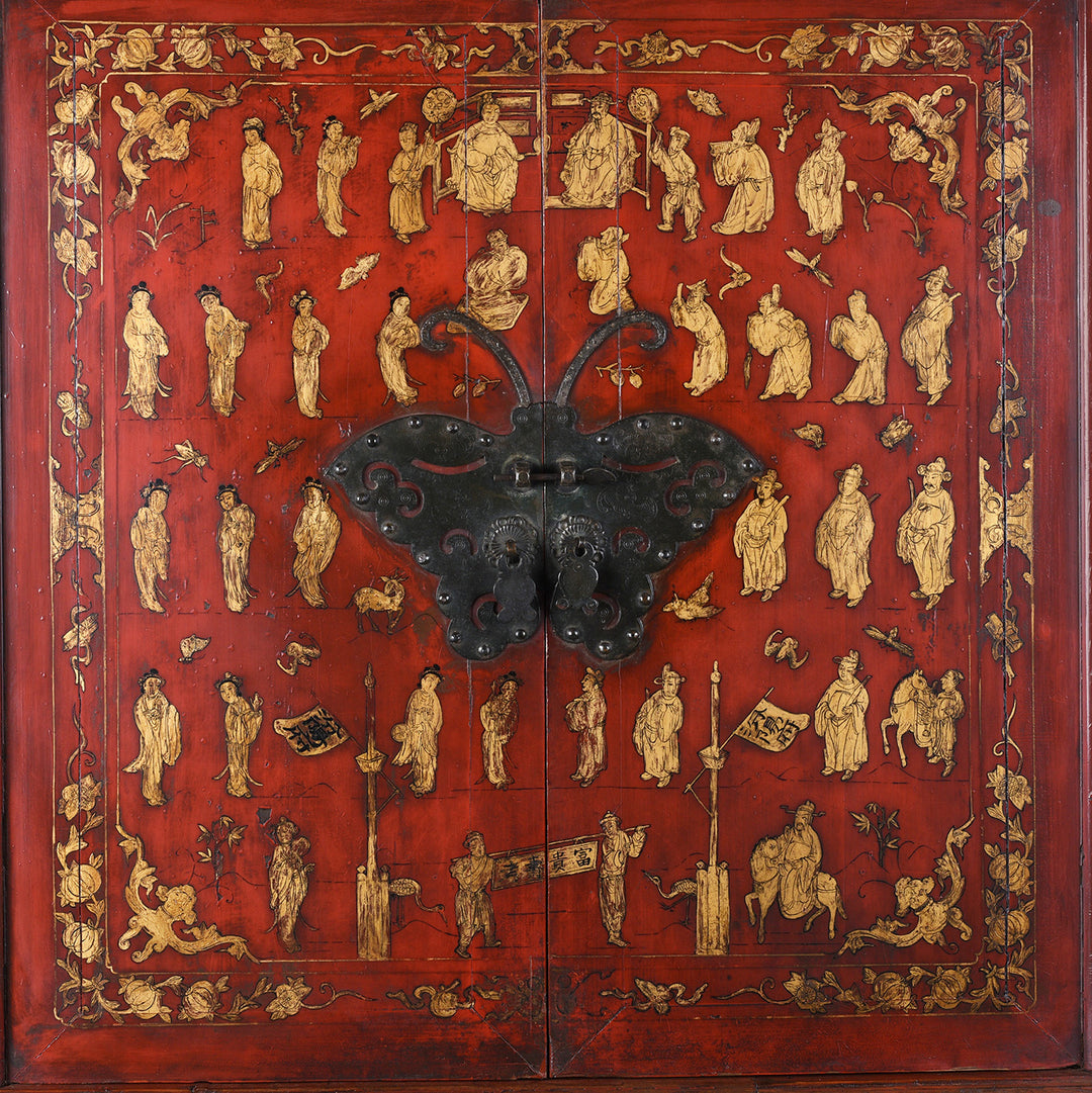 Central Doors Gilding Detail From 19th Century Red Lacquer Chinese Wedding Cabinet From Fujian Province With Gilt Figure Decoration And Butterfly Brass Hardware