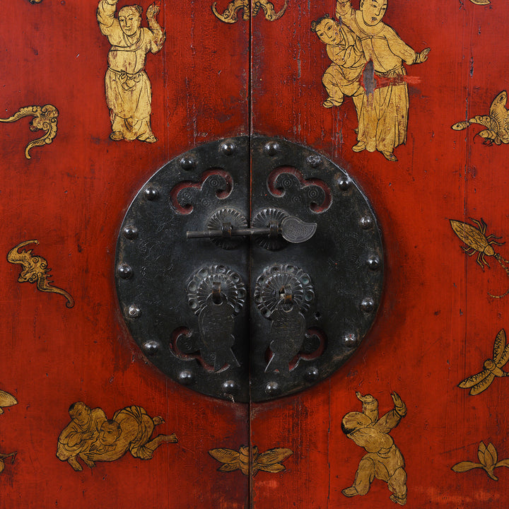 Lower Brass Locking Plate Detail From 19th Century Red Lacquer Chinese Wedding Cabinet