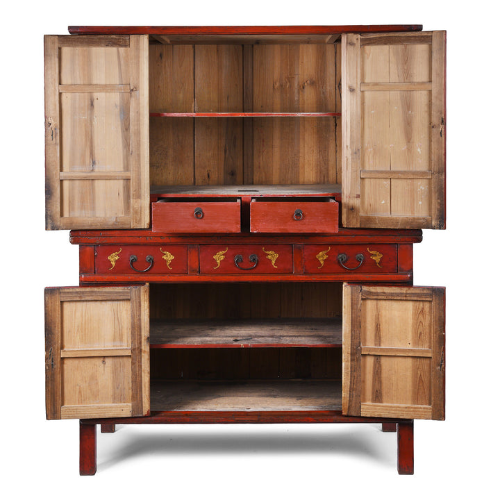 Pine Interior Of 19th Century Red Lacquer Chinese Wedding Cabinet From Fujian 