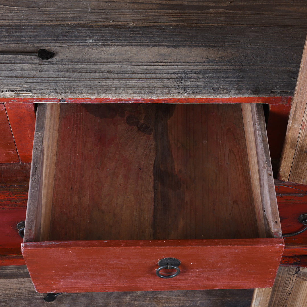 Drawer Detail From 19th Century Red Lacquer Chinese Wedding Cabinet From Fujian Province With Gilt Figure Decoration And Butterfly Iron Plate