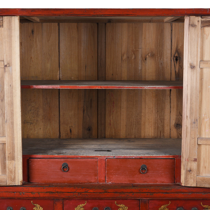 Interior Detail From 19th Century Red Lacquer Chinese Wedding Cabinet From Fujian Province With Gilt Figure Decoration
