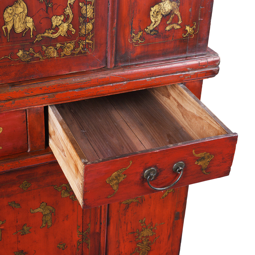 Drawer Detail From 19th Century Red Lacquer Chinese Wedding Cabinet From Fujian Province