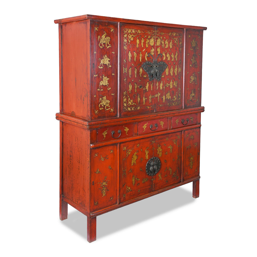 Angled View Of 19th Century Red Lacquer Chinese Wedding Cabinet From Fujian  Province With Gilt Figure