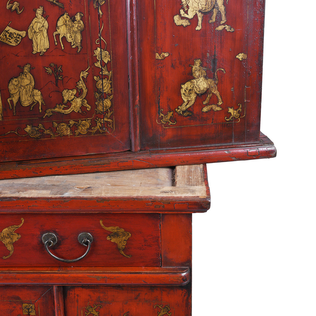 Seperation Detail From 19th Century Red Lacquer Chinese Wedding Cabinet From Zhejiang Province With Gilt Figure Decoration And Butterfly Iron Plate