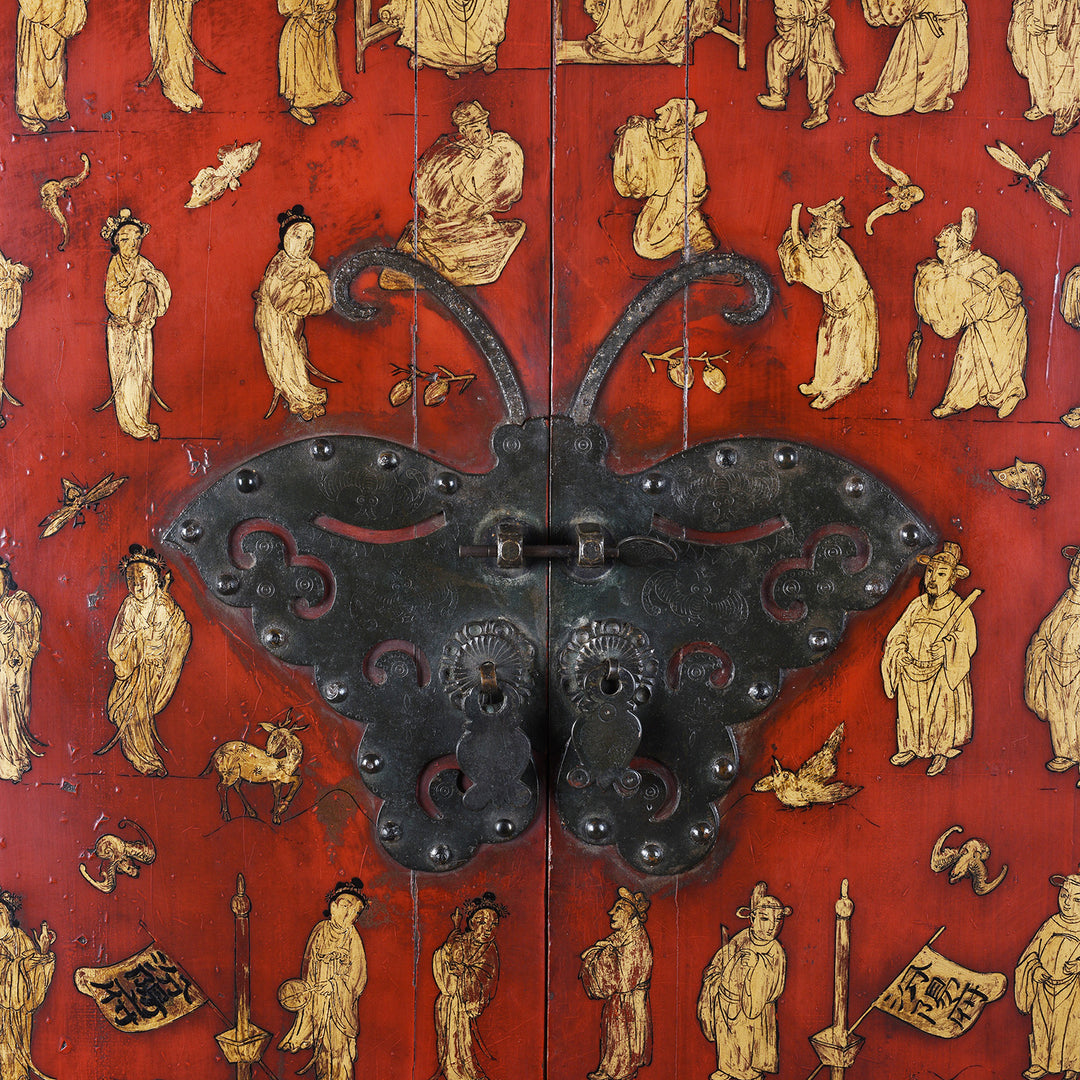 Locking Plate Detail From 19th Century Red Lacquer Chinese Wedding Cabinet From Fujian Province With Gilt Figure Decoration And Butterfly Brass Hardware lock plate