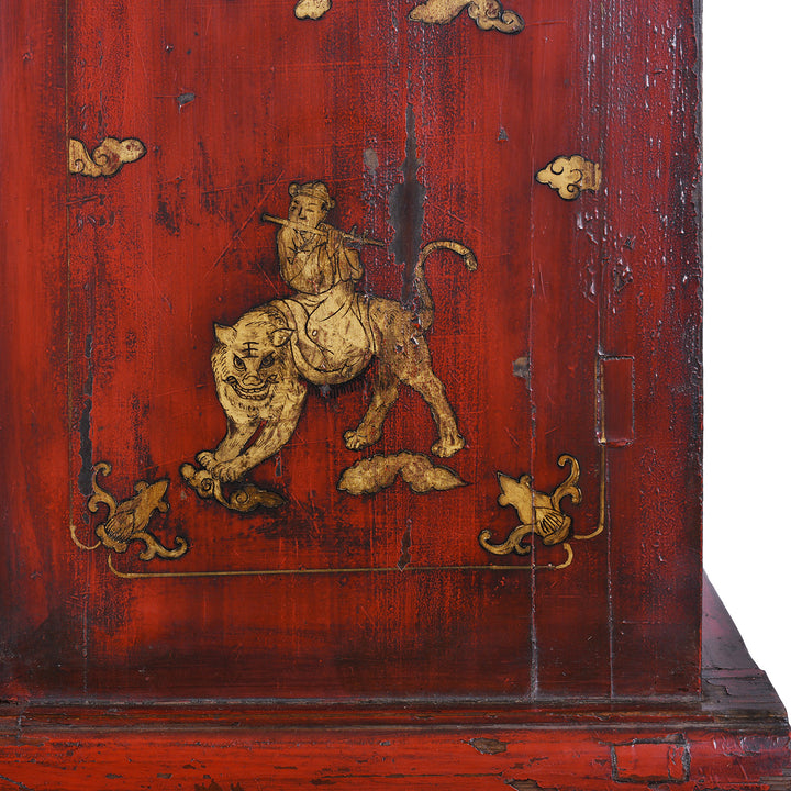 Gilt Tiger Artwork Detail From 19th Century Red Lacquer Chinese Wedding Cabinet From Fujian Province With Gilt Figure Decoration 
